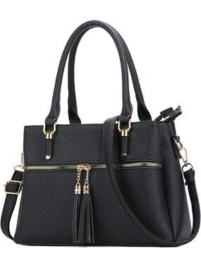 Women Black Pu Leather Gold-tone Hardware Zipper Handle Satchel Shoulder Bag